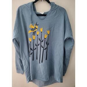 Blue Hooded V-Neck Sweatshirt with Bird and Yellow Flowers - Size XL NWOT